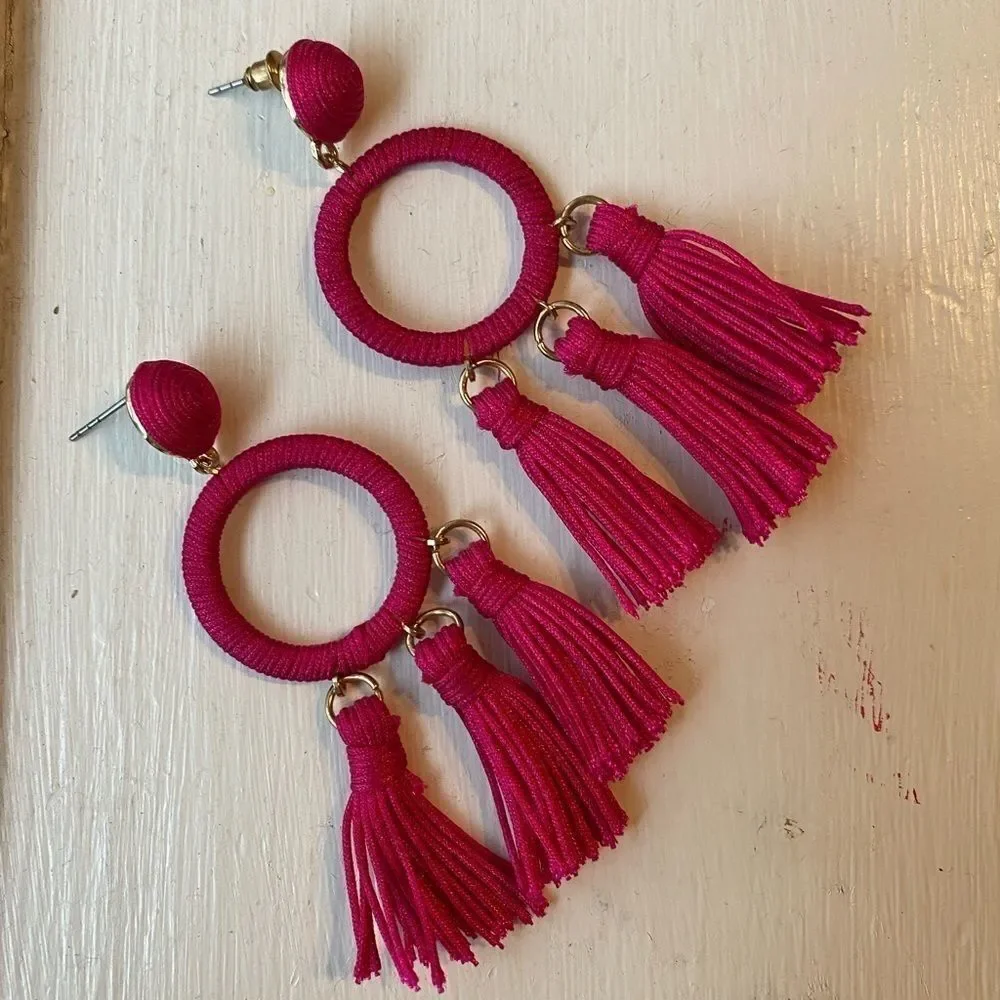 Fuchsia Hoop and tassel Boho post dangle earrings